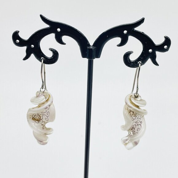 Glass Swirl Dangle Earrings Pink Rose Motif Pierced Retro Boho Romantic - Picture 1 of 8